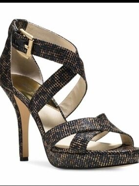 Michael Kors Evie Sparkle Black & Gold Cheetah Strap Platform Heels, Size 9.5